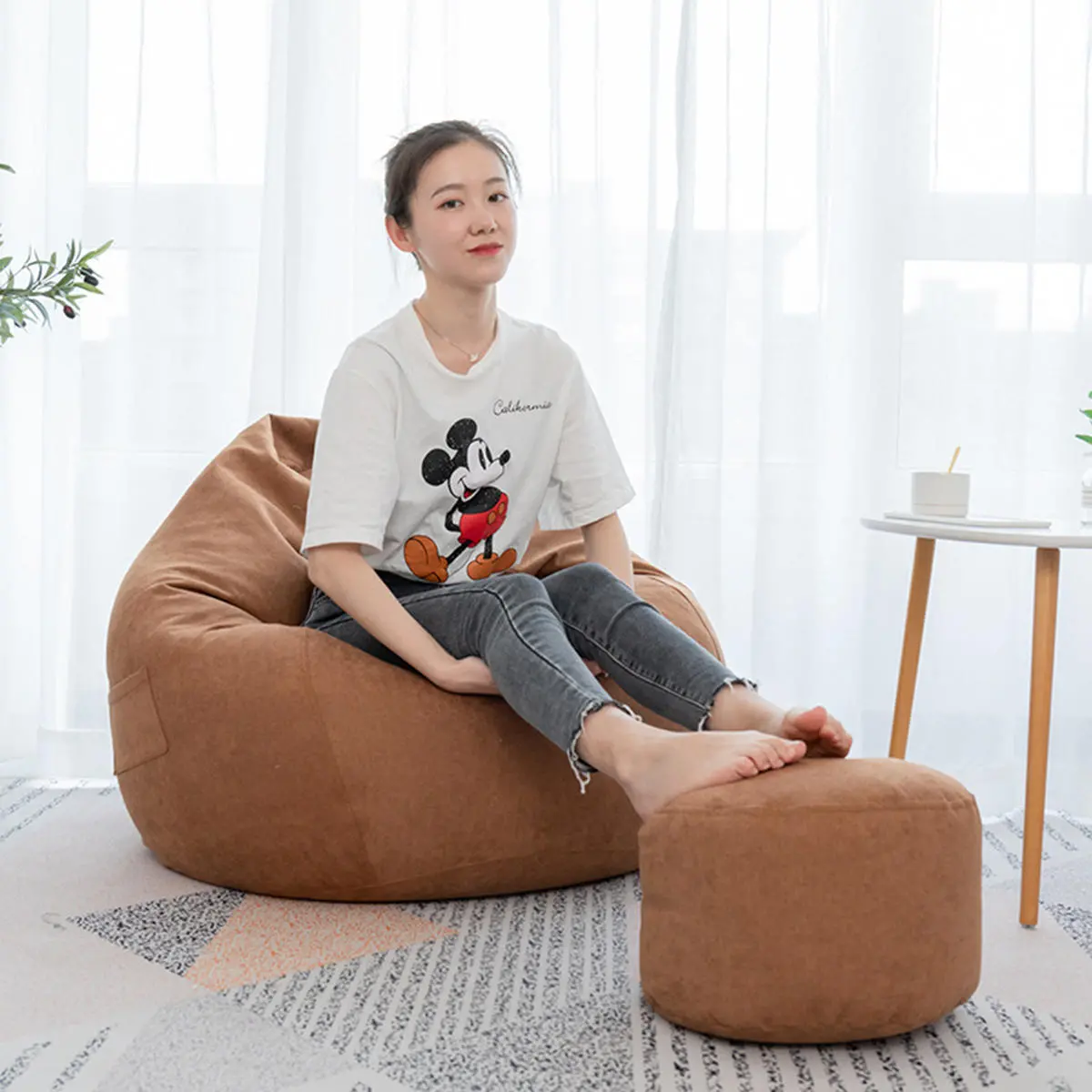 Lazy Sofas Cover Chairs Linen Cloth Lounger Seat Bean Bag Pouf Puff Couch Tatami Living Room