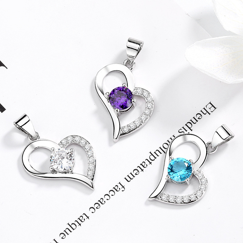 925 Sterling Silver Crank, High Quality Women's Jewelry, Purple Crystal, Zirconia, Heart, Pendant