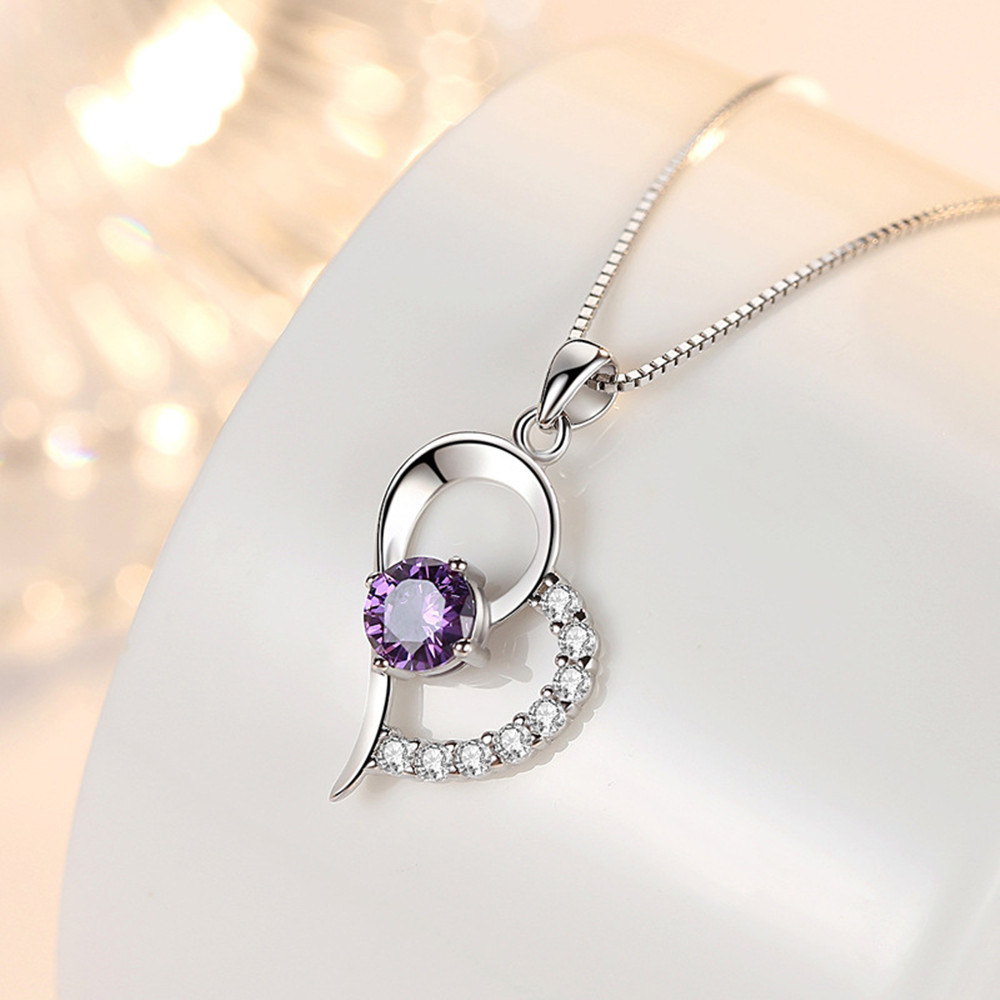 925 Sterling Silver Crank, High Quality Women's Jewelry, Purple Crystal, Zirconia, Heart, Pendant