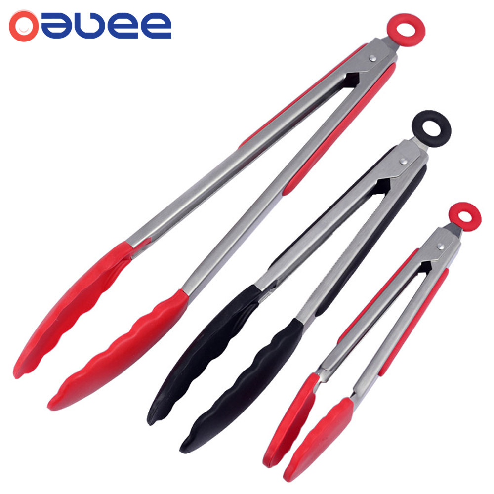 Silicone BBQ Grilling Tong Kitchen Cooking Salad Bread Serving Tong Non Clamp Stainless