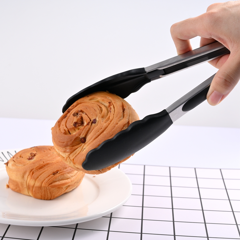 Silicone BBQ Grilling Tong Kitchen Cooking Salad Bread Serving Tong Non Clamp Stainless