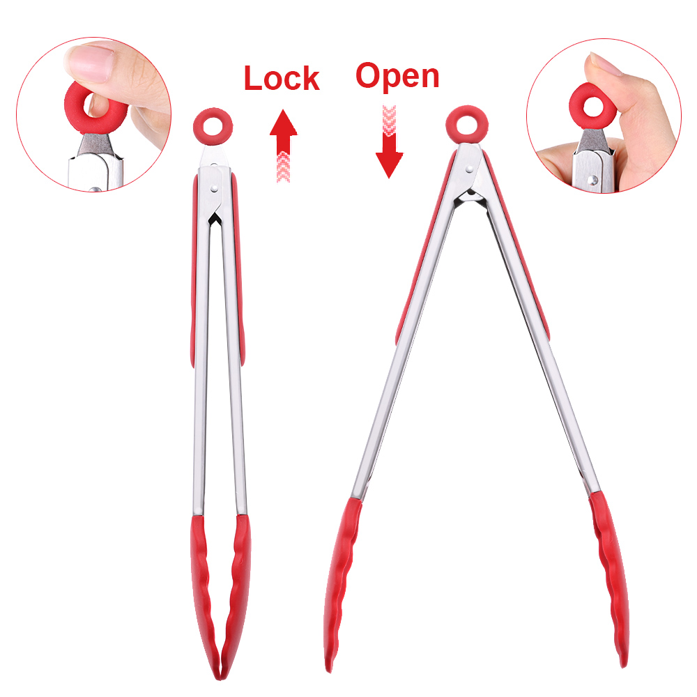 Silicone BBQ Grilling Tong Kitchen Cooking Salad Bread Serving Tong Non Clamp Stainless