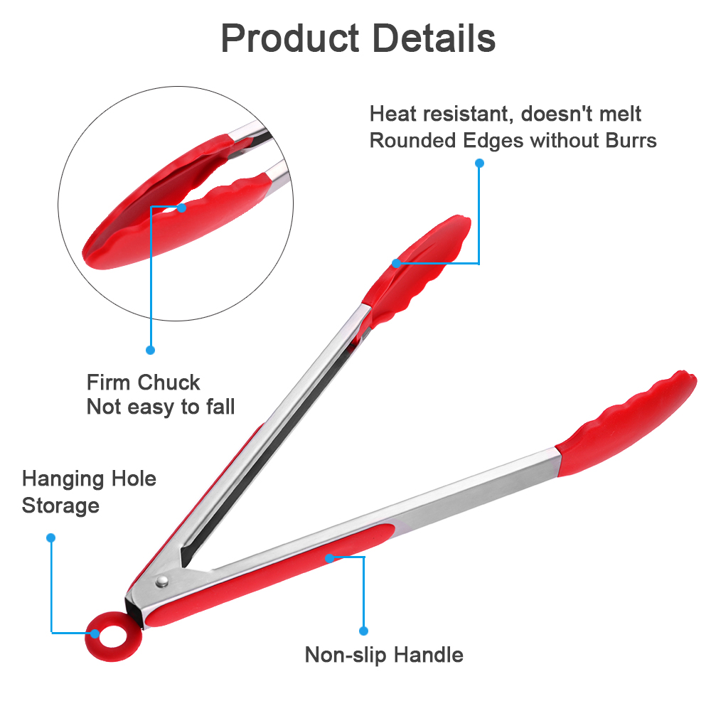 Silicone BBQ Grilling Tong Kitchen Cooking Salad Bread Serving Tong Non Clamp Stainless