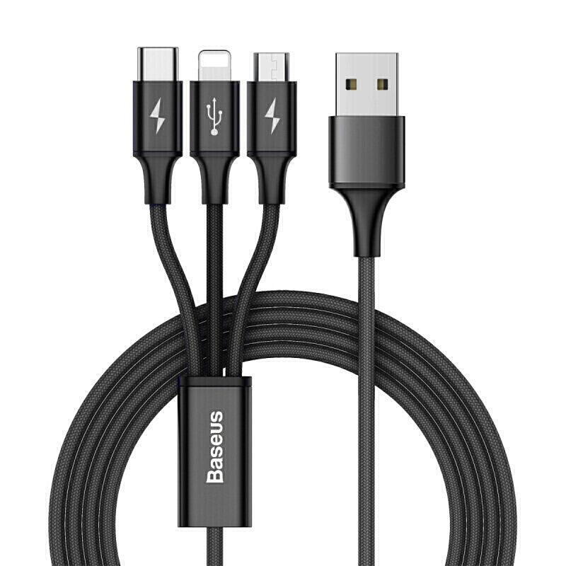 3 In 1 USB To USB-C/Micro USB/iP Port Cable Fast Charging Data Transmission Cord Line 1.2m