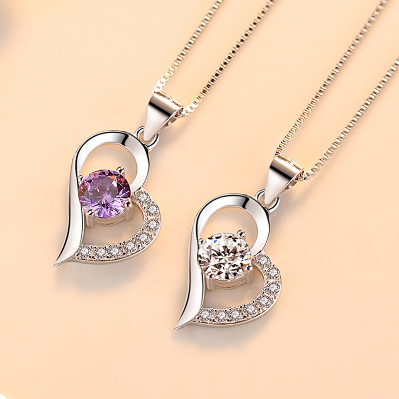 925 Sterling Silver Crank, High Quality Women's Jewelry, Purple Crystal, Zirconia, Heart, Pendant