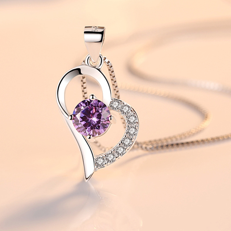 925 Sterling Silver Crank, High Quality Women's Jewelry, Purple Crystal, Zirconia, Heart, Pendant