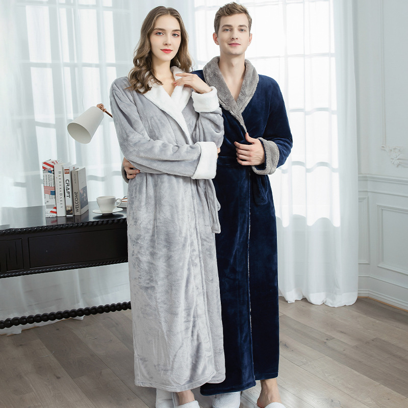 Couple Winter Long Coral Fleece Bathrobe Kimono Warm Flannel Bathrobes Men and Women Robes