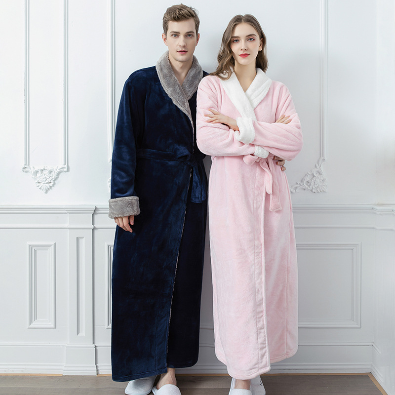 Couple Winter Long Coral Fleece Bathrobe Kimono Warm Flannel Bathrobes Men and Women Robes