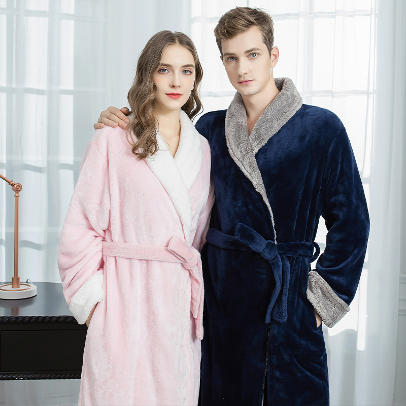 Couple Winter Long Coral Fleece Bathrobe Kimono Warm Flannel Bathrobes Men and Women Robes