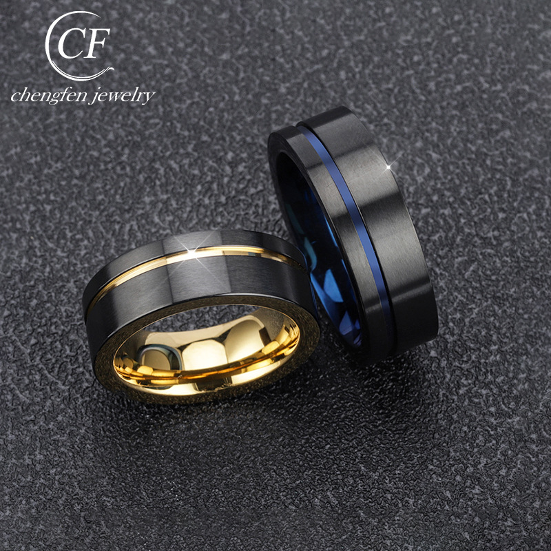 Fashion Gold Beveled Tungsten Wedding Ring For Men Black Brushed Steel Engagement Ring Male