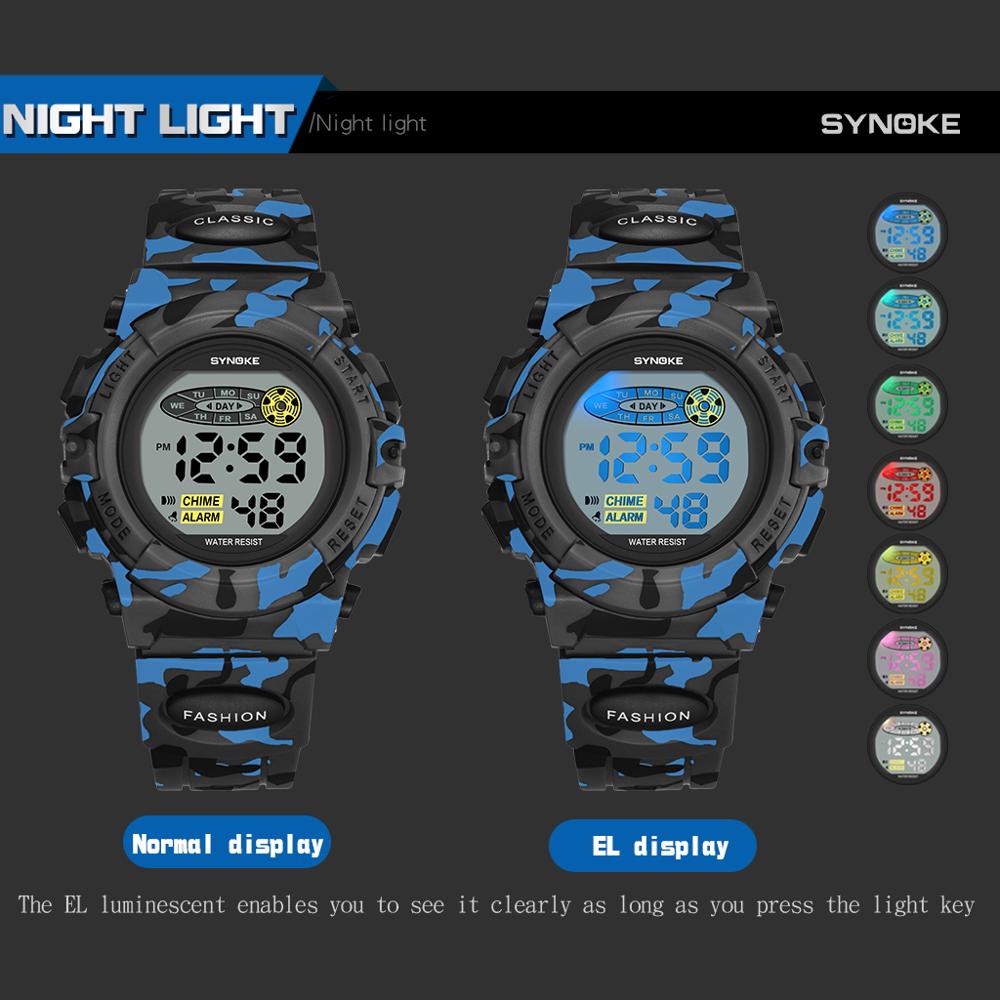 Synoke digital sports wristwatch for kids, military model luminous with green camouflage led alarm