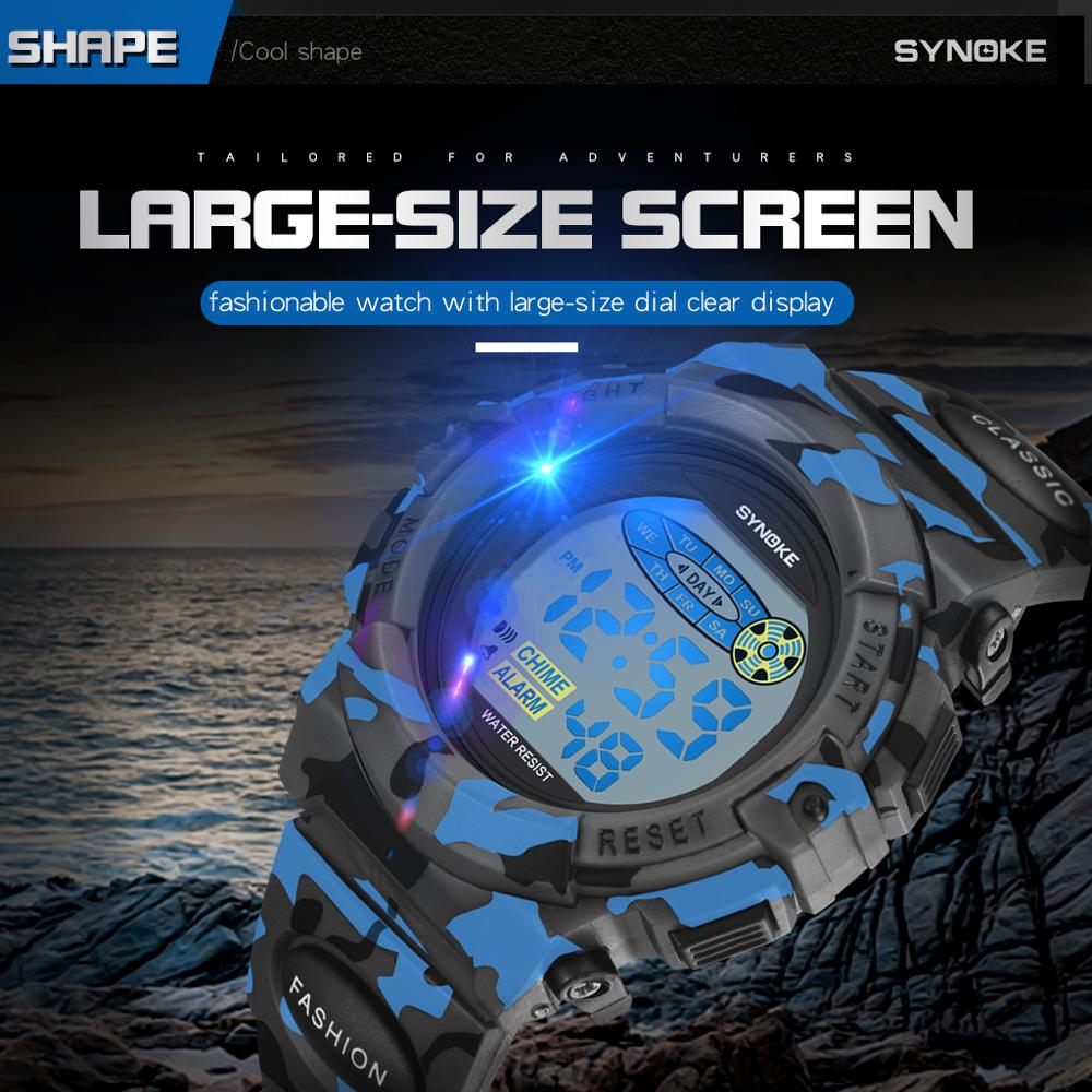 Synoke digital sports wristwatch for kids, military model luminous with green camouflage led alarm