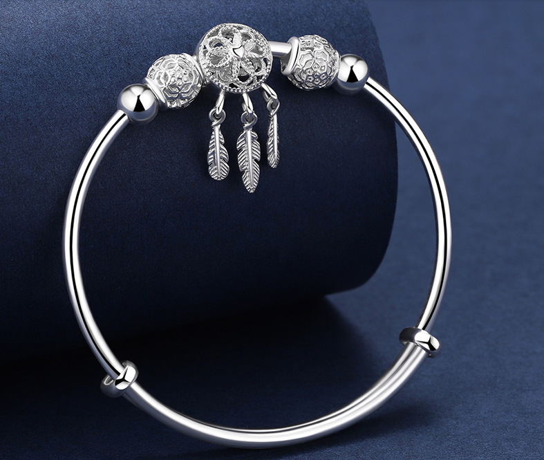925 Sterling Silver Bracelet Cuff Dreamcatcher Tassel Feather Round Bead Charm Bracelet Jewelry