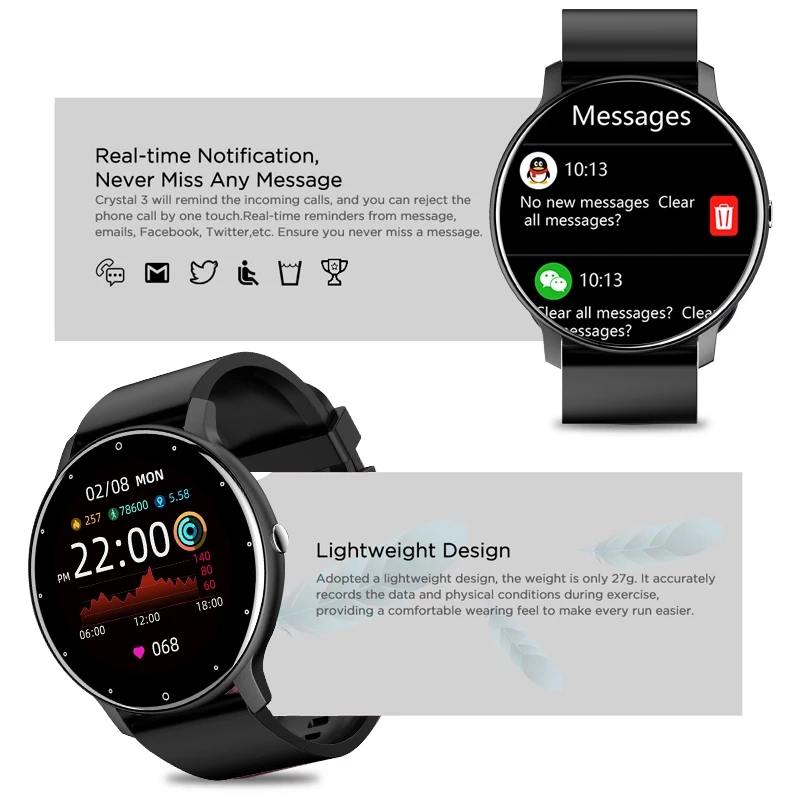 Male and female smart watch full touch screen ip67 water resistance, bluetooth, for android and ios