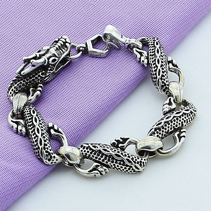 925 Sterling Silver Classic Vintage Bracelet, Black Chinese Dragon Chain Bracelet For Men Jewelry