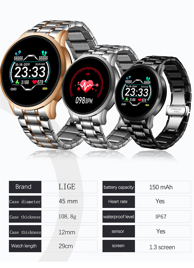 Waterproof men's watch, smart sports watch with alarm, heart rate and pressure monitor