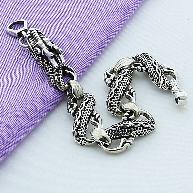 925 Sterling Silver Classic Vintage Bracelet, Black Chinese Dragon Chain Bracelet For Men Jewelry