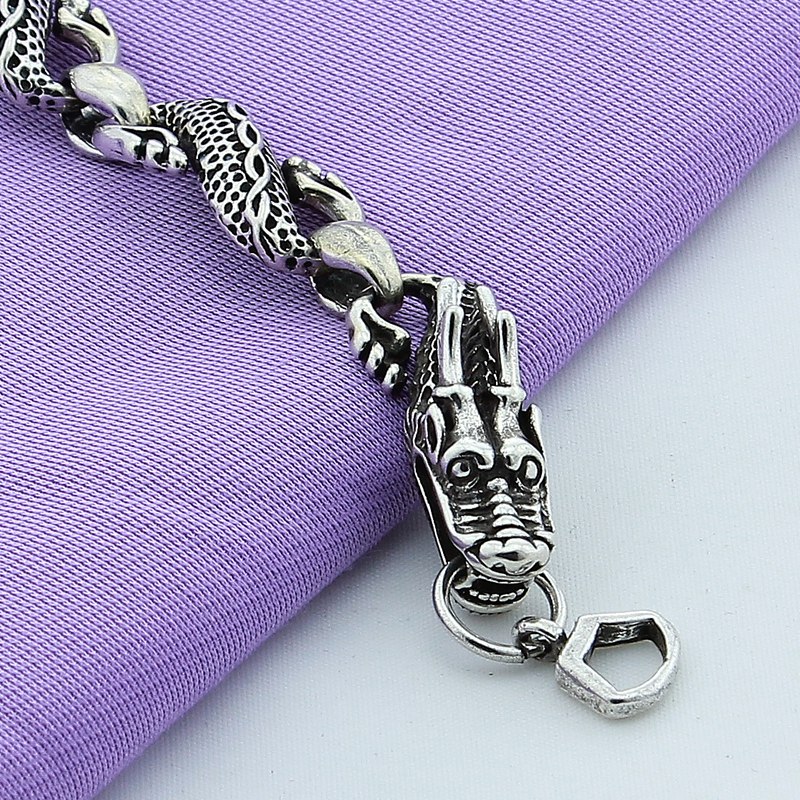 925 Sterling Silver Classic Vintage Bracelet, Black Chinese Dragon Chain Bracelet For Men Jewelry