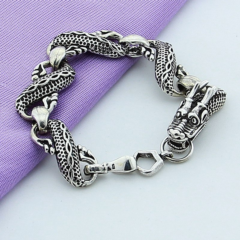 925 Sterling Silver Classic Vintage Bracelet, Black Chinese Dragon Chain Bracelet For Men Jewelry