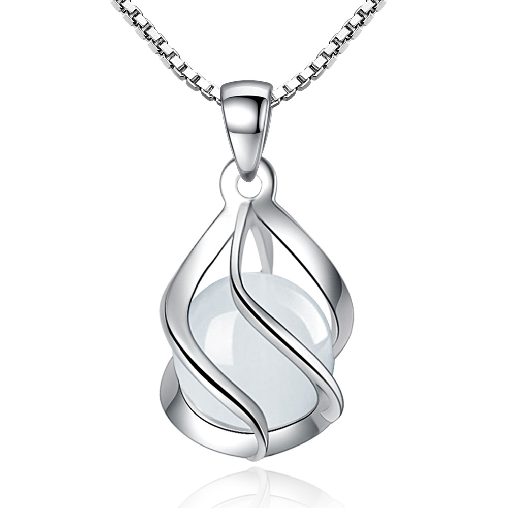 925 Sterling Silver Necklace Crank, Fashionable High Quality Round Agate Drop Jewelry, 45cm