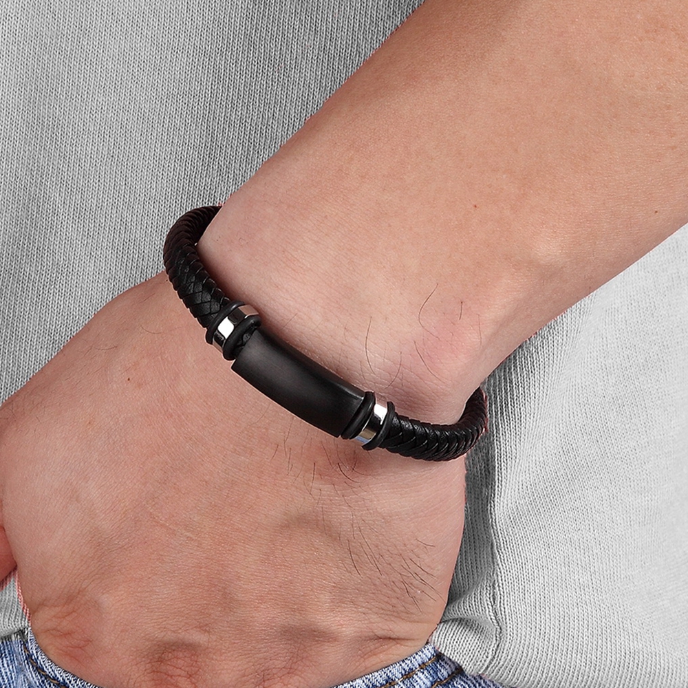 Leather Men's Bracelet, Custom Matte Black Stainless Steel Talisman with Magnetic Clasp, Handcrafted