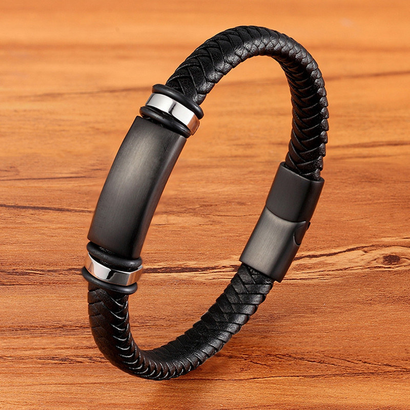 Leather Men's Bracelet, Custom Matte Black Stainless Steel Talisman with Magnetic Clasp, Handcrafted