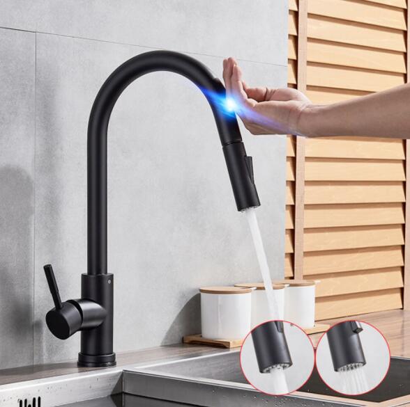 Stainless Steel Kitchen Sink Faucets Mixer Smart Touch Sensor Pull Out Hot Cold Water Mixer Tap