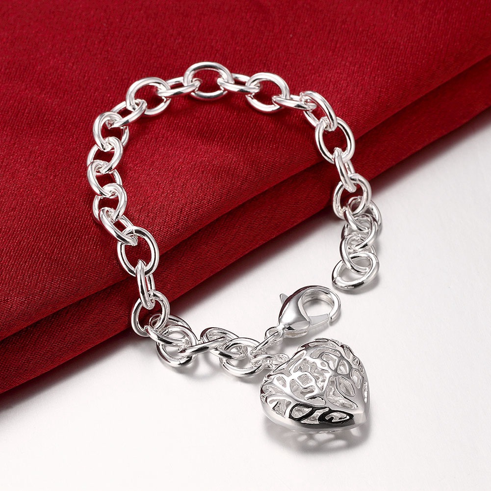 Hollow Heart Pendant, 925 Sterling Silver Women's Bracelet Wedding Engagement Jewelry Charming