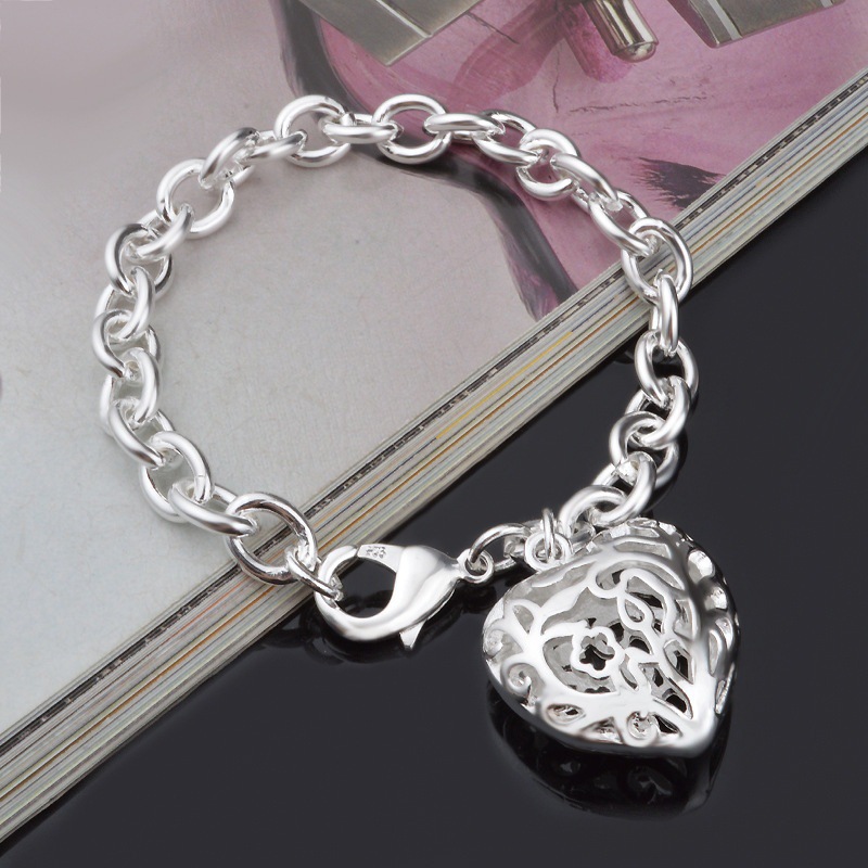Hollow Heart Pendant, 925 Sterling Silver Women's Bracelet Wedding Engagement Jewelry Charming
