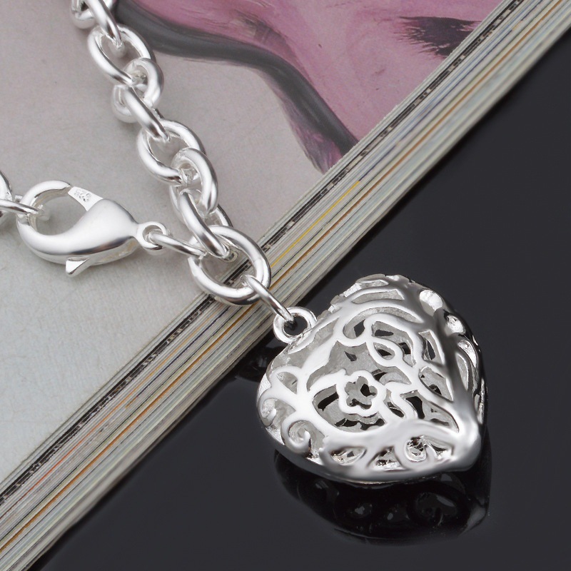 Hollow Heart Pendant, 925 Sterling Silver Women's Bracelet Wedding Engagement Jewelry Charming