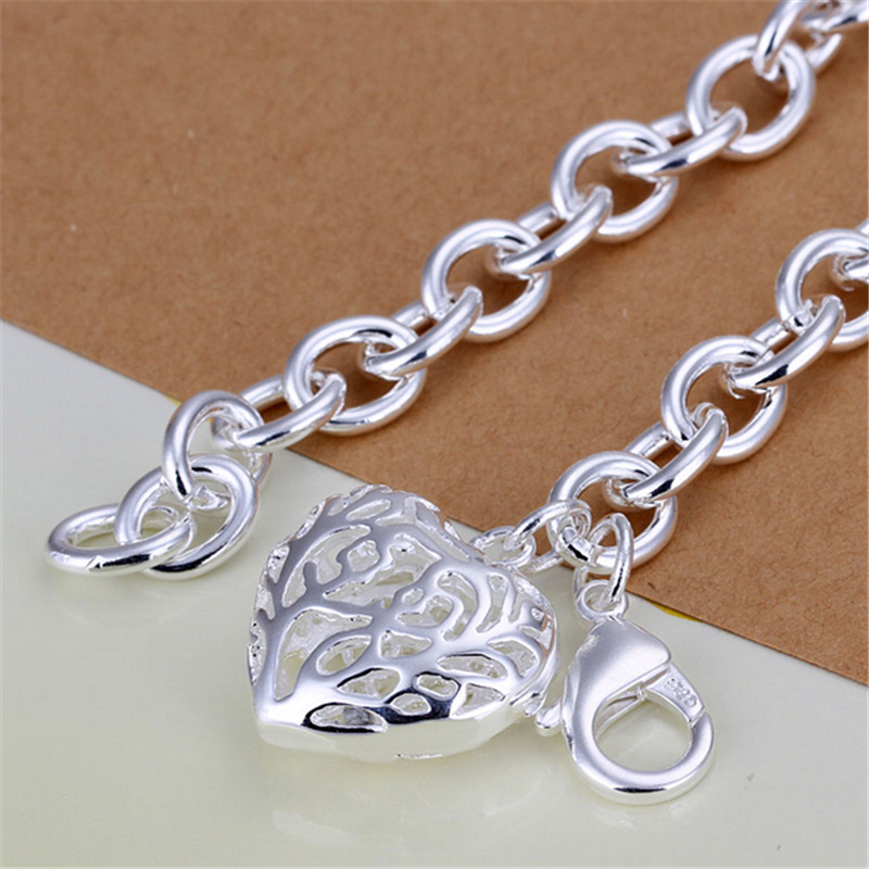 Hollow Heart Pendant, 925 Sterling Silver Women's Bracelet Wedding Engagement Jewelry Charming