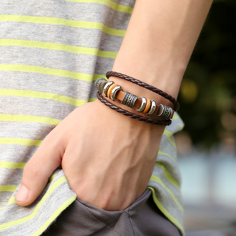 Vintage men's leather bracelet, wooden beads with multi-layer pendant, women's braided bracelet
