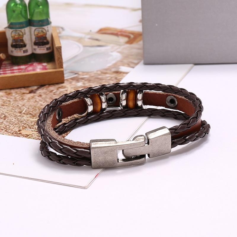 Vintage men's leather bracelet, wooden beads with multi-layer pendant, women's braided bracelet