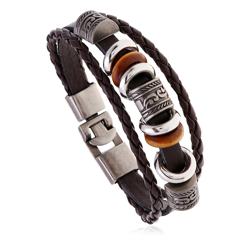 Vintage men's leather bracelet, wooden beads with multi-layer pendant, women's braided bracelet