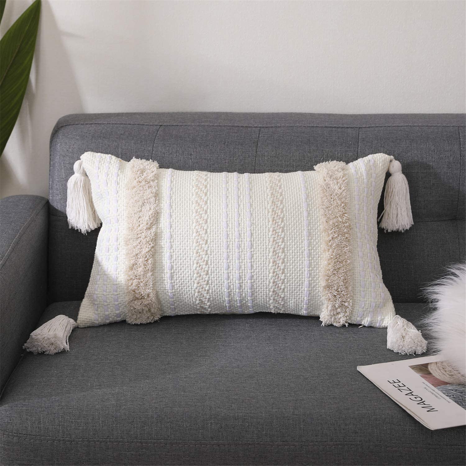 Boho Cotton Hand-Woven Throw Pillow Covers, for Bedroom, Living Room Sofa,   Fringed Throw Pillow