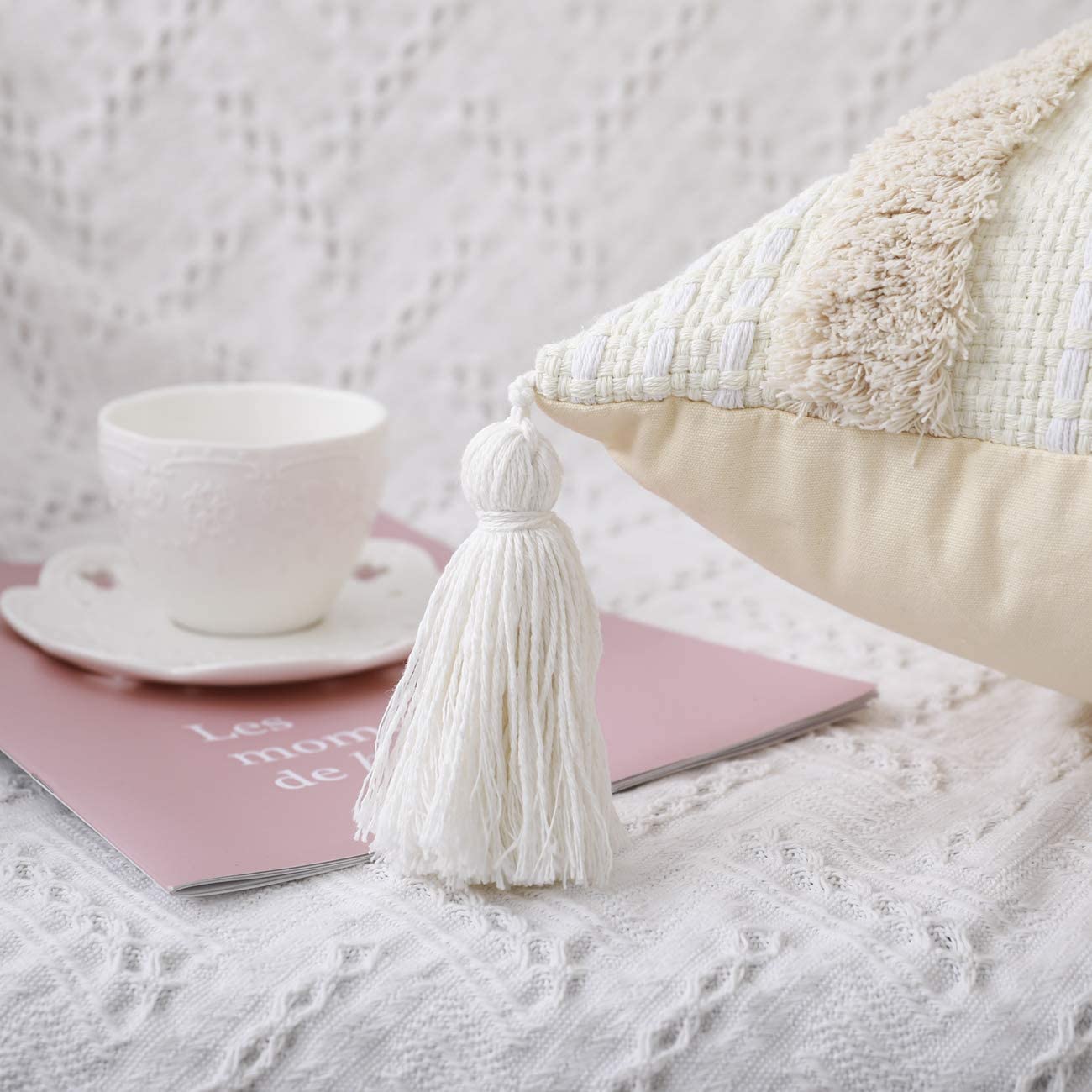 Boho Cotton Hand-Woven Throw Pillow Covers, for Bedroom, Living Room Sofa,   Fringed Throw Pillow