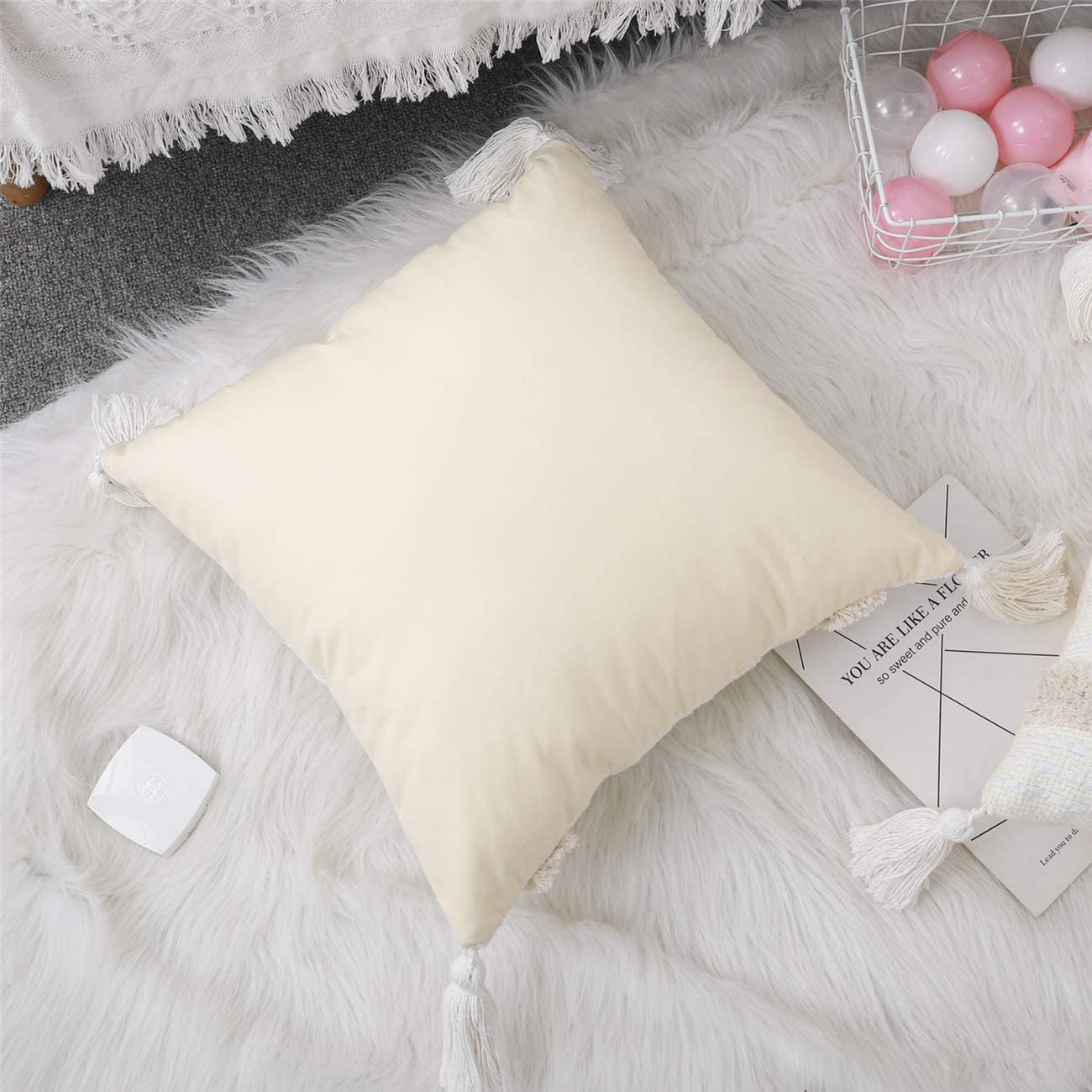 Boho Cotton Hand-Woven Throw Pillow Covers, for Bedroom, Living Room Sofa,   Fringed Throw Pillow