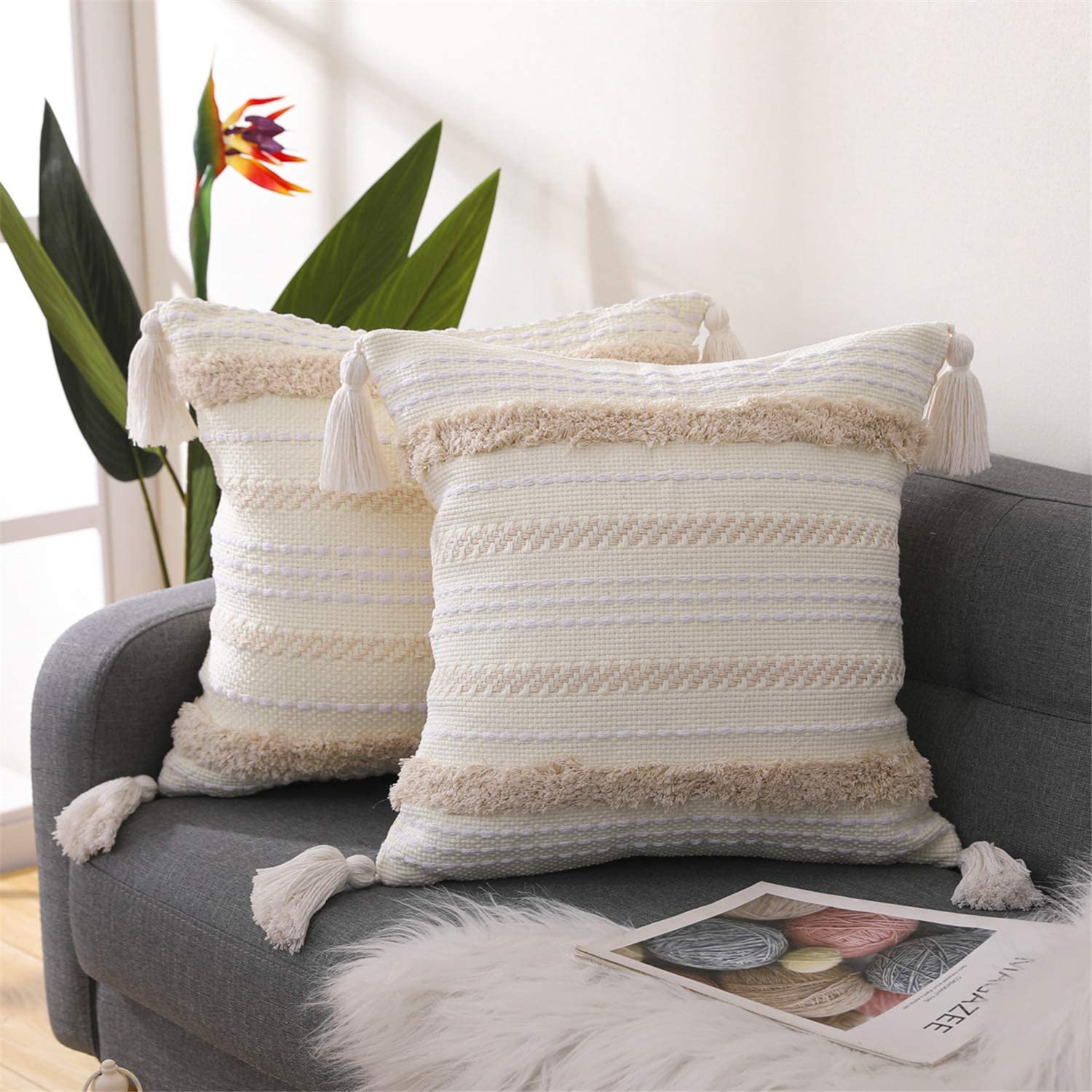 Boho Cotton Hand-Woven Throw Pillow Covers, for Bedroom, Living Room Sofa,   Fringed Throw Pillow