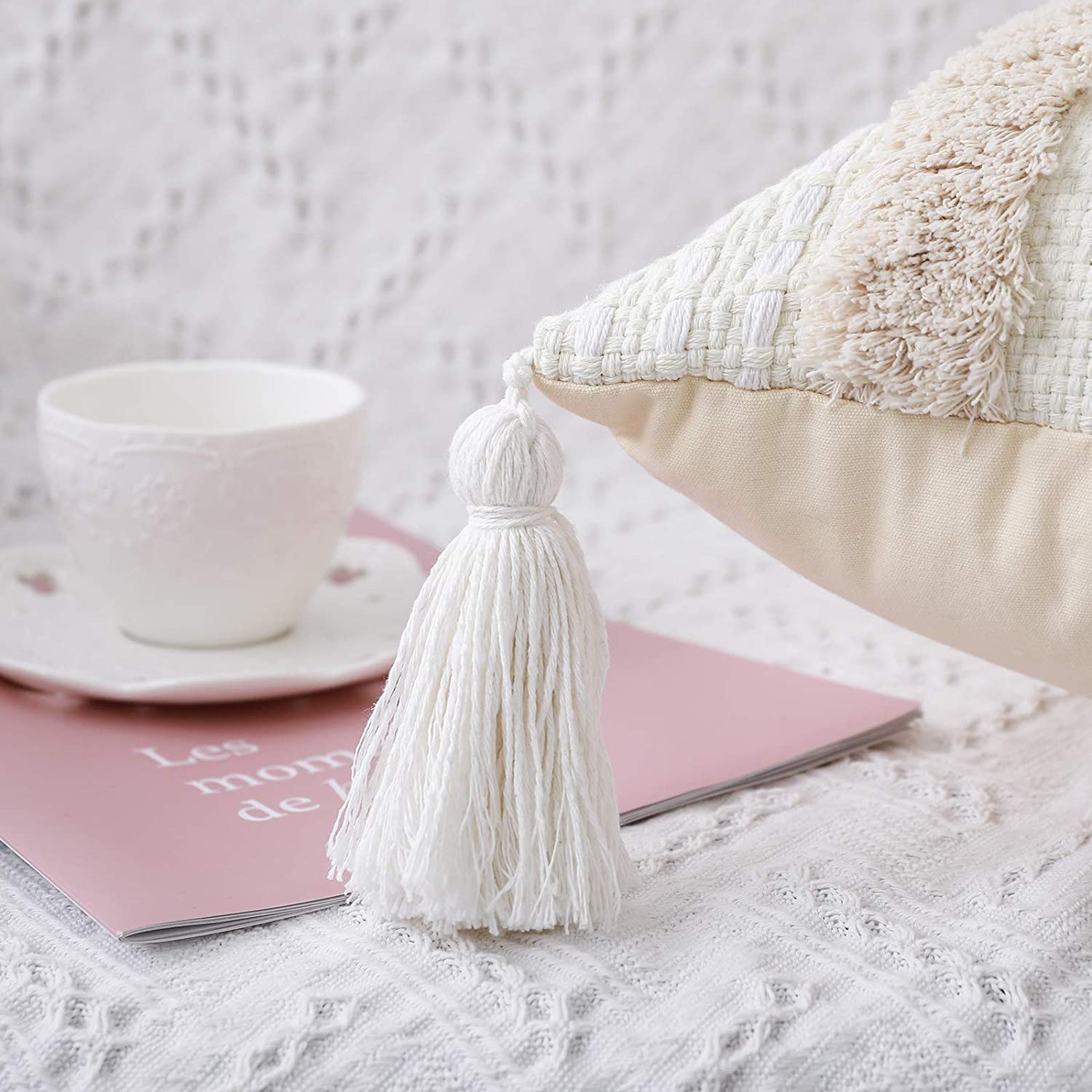 Boho Cotton Hand-Woven Throw Pillow Covers, for Bedroom, Living Room Sofa,   Fringed Throw Pillow