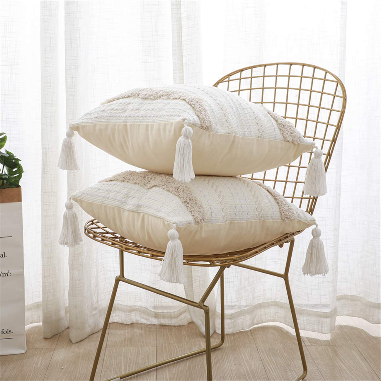 Boho Cotton Hand-Woven Throw Pillow Covers, for Bedroom, Living Room Sofa,   Fringed Throw Pillow