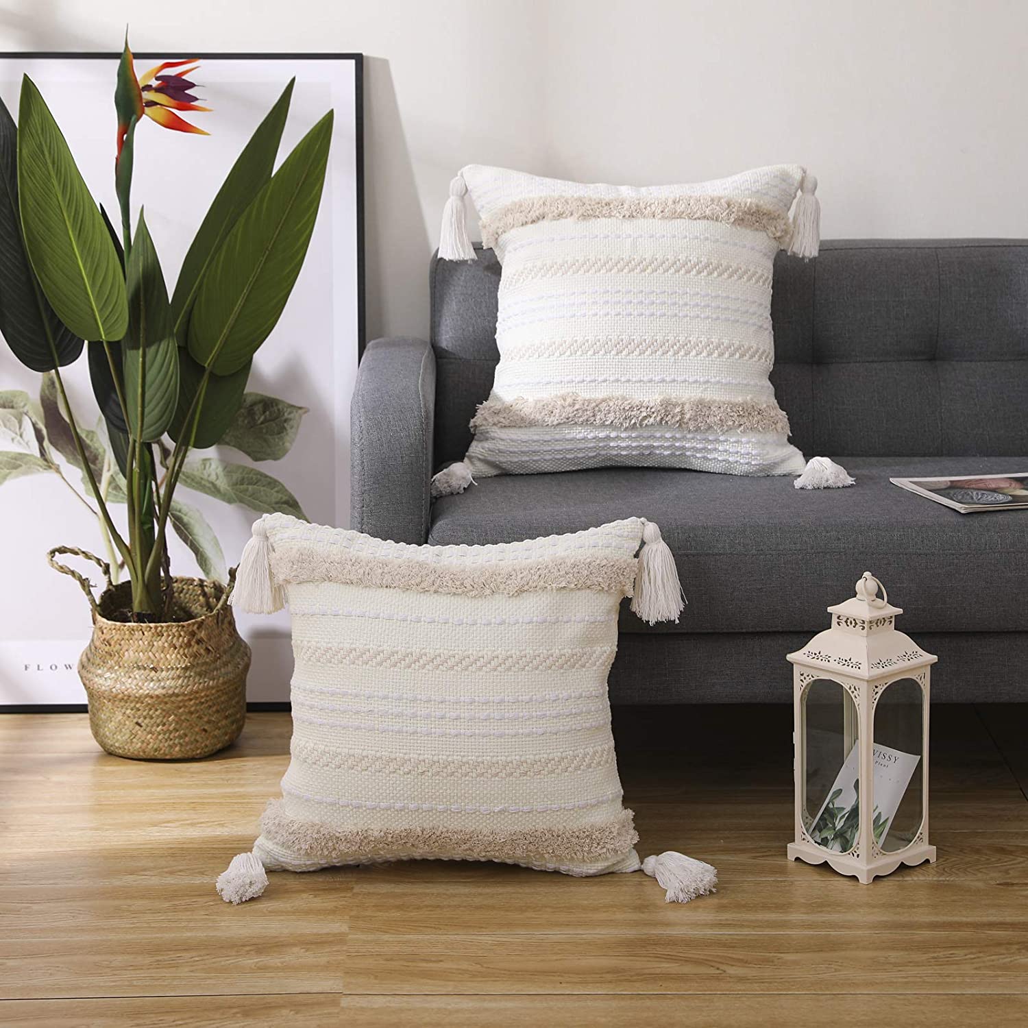 Boho Cotton Hand-Woven Throw Pillow Covers, for Bedroom, Living Room Sofa,   Fringed Throw Pillow