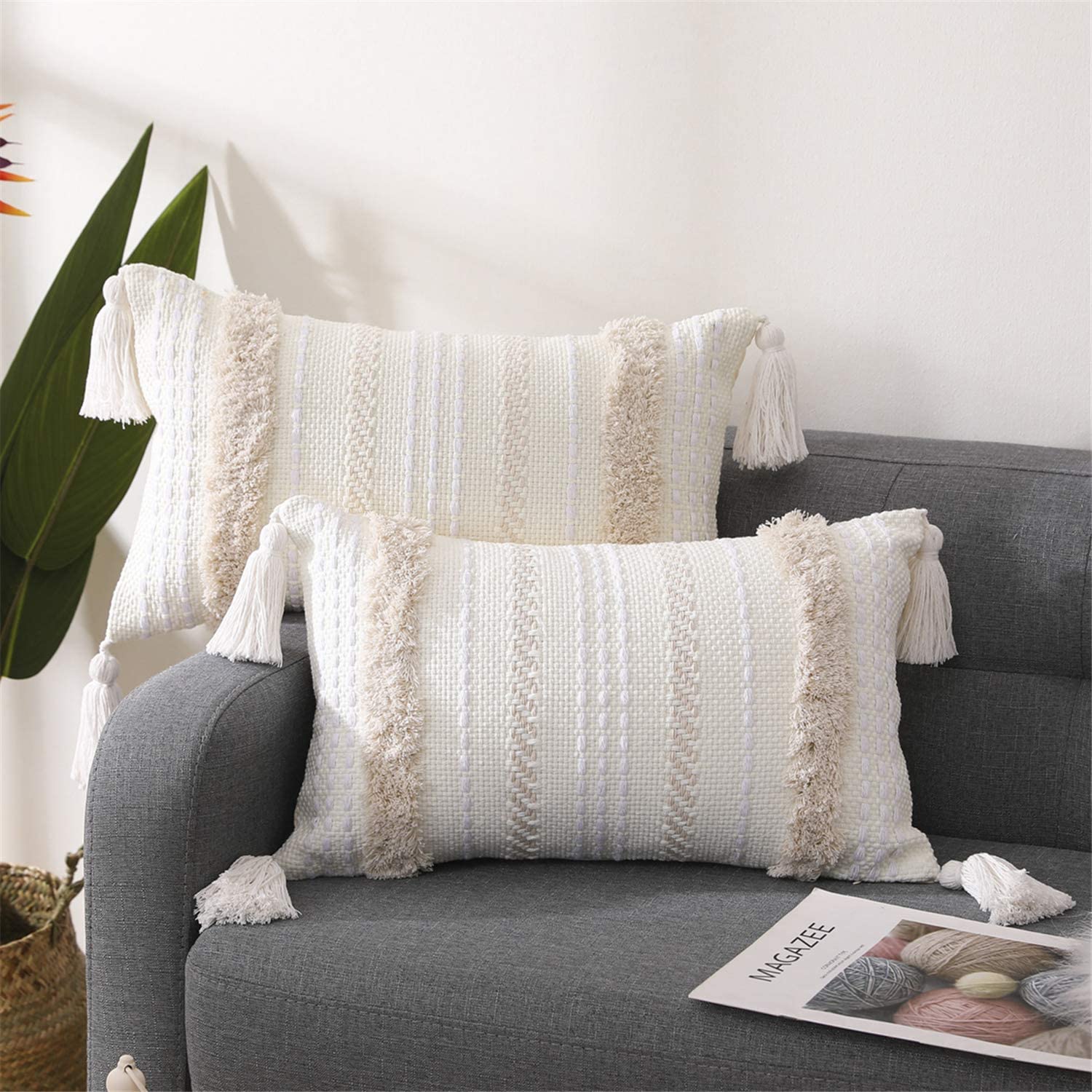 Boho Cotton Hand-Woven Throw Pillow Covers, for Bedroom, Living Room Sofa,   Fringed Throw Pillow