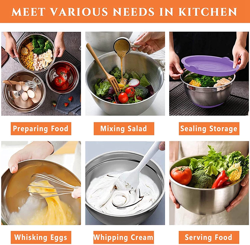 (Set of 6) Non-slip stainless steel mixing bowls nesting whisking salad set mixing bowls