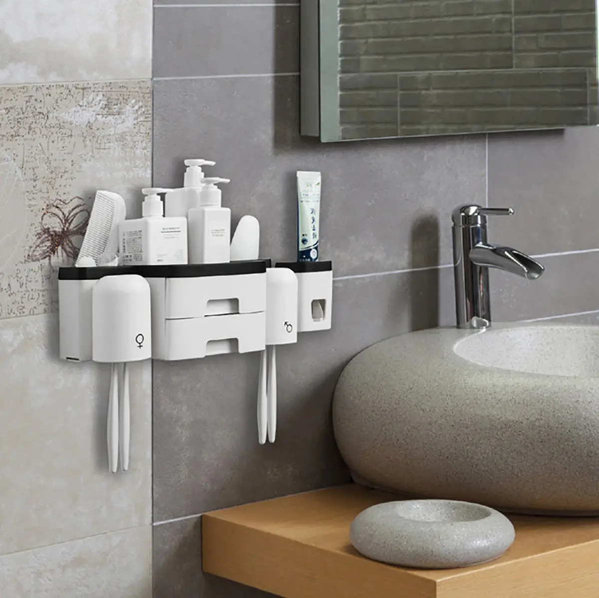 Kitchen Shelf Toothbrush Rack Hole-free Mouthwash Cup Bathroom Wall-mounted