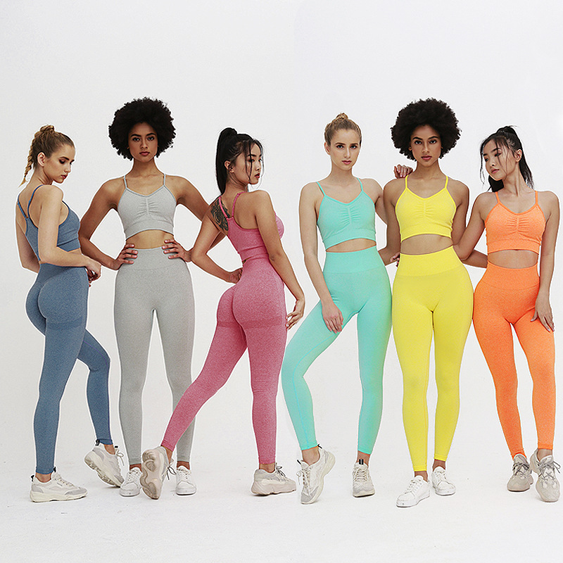 2022 new knitted seamless folded peach hip lift yoga pants sports yoga fitness suit