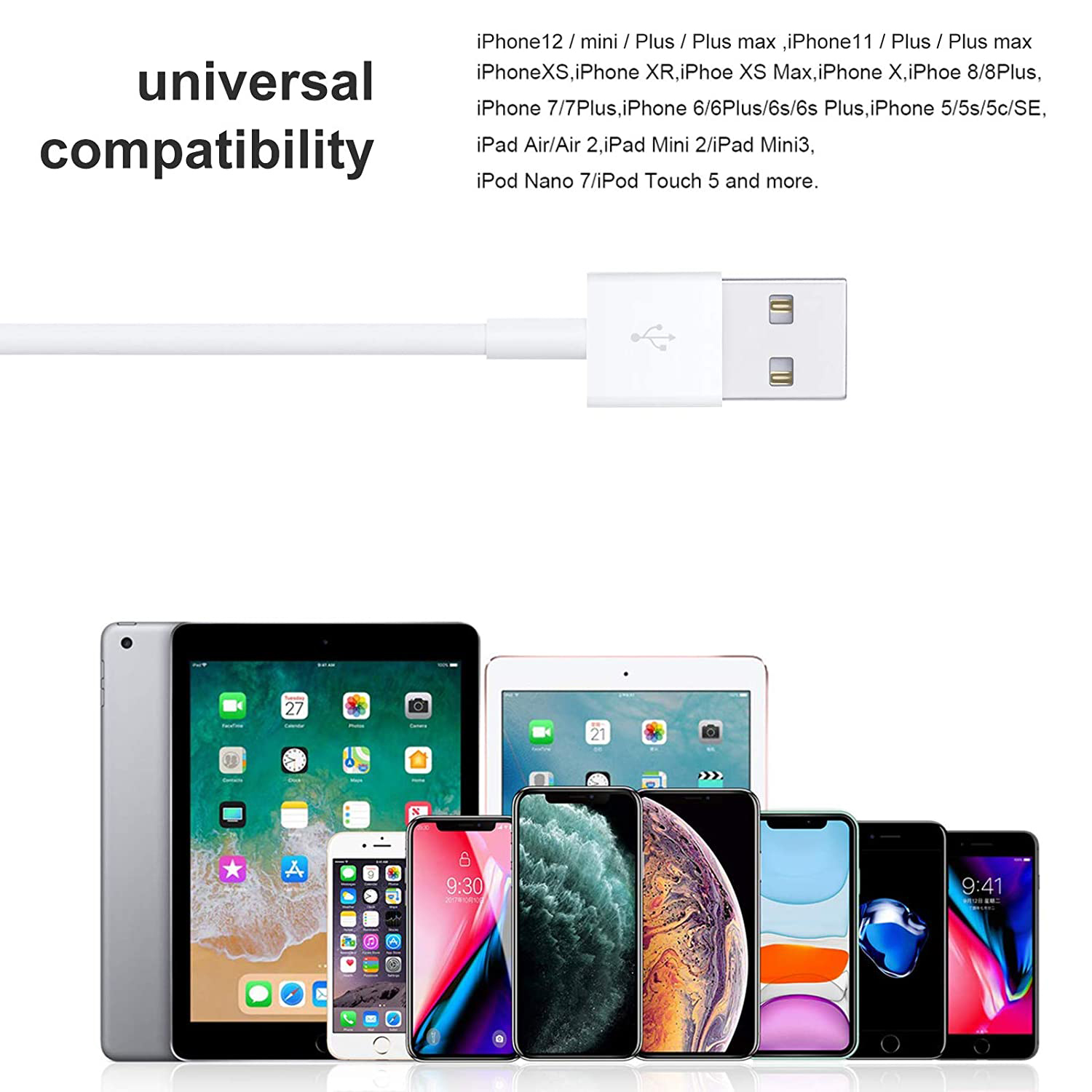 Charging cable for ipad, cable with 1m and 10 PCS, for iphone 12, 11 pro max, x, xs, xr, 8, 7, 6, 5