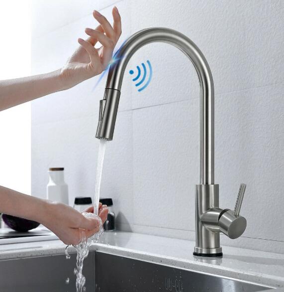 Stainless Steel Kitchen Sink Faucets Mixer Smart Touch Sensor Pull Out Hot Cold Water Mixer