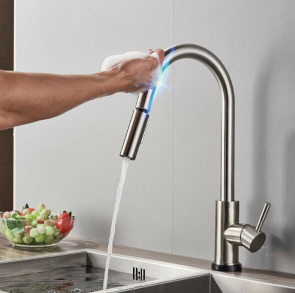 Stainless Steel Kitchen Sink Faucets Mixer Smart Touch Sensor Pull Out Hot Cold Water Mixer