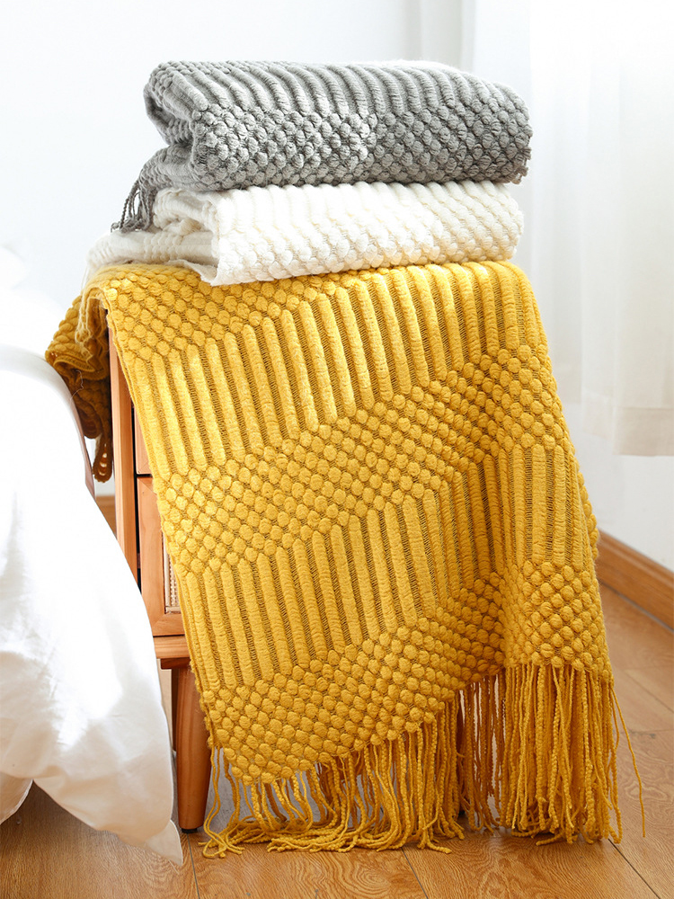 3D Knitted Blanket With Tassel Solid Color Sofa Blanket Cover Nordic Home Decor Throw Blanket