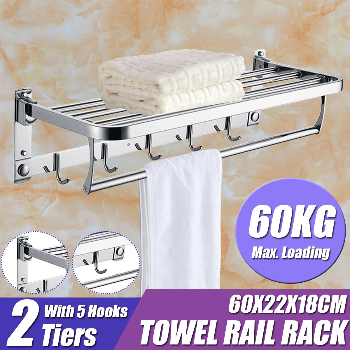 304 Stainless Steel Double Towel Rail Rack Shelf Wall Mounted Bathroom With 5 Hook